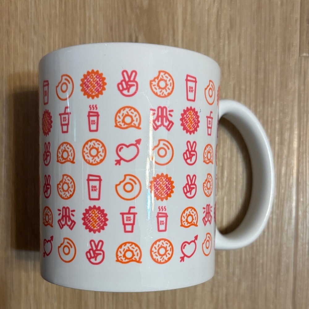 Dunkin White Ceramic Mug with Pink and Orange Icon Pattern